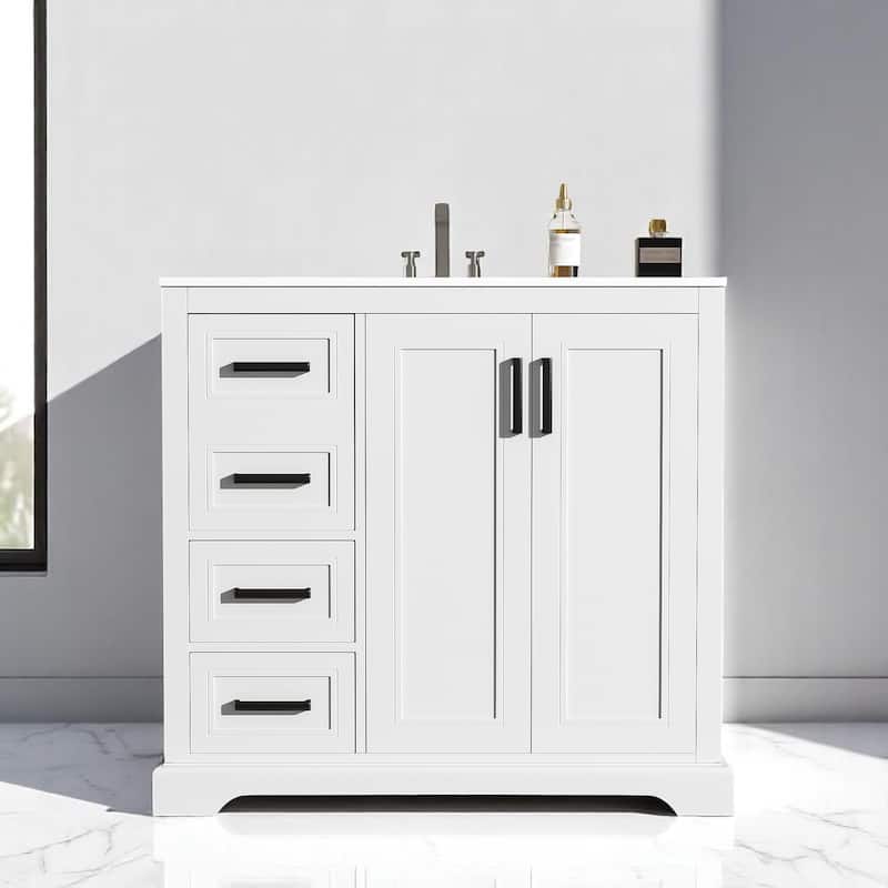 36" Modern Bathroom Vanity with Ceramic Sink, Soft-Close Doors, Adjustable Shelf & 3 Drawers for Small Bathrooms - White