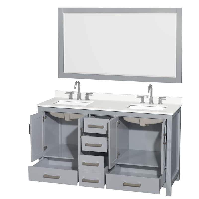 Sheffield 60-inch Double Vanity, 3 Hole Quartz Top, 58-inch Mirror