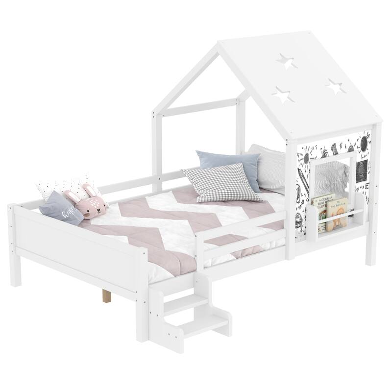 Full House Beds with Low-Profile Stairs and a Window, Solid Wood House Platform Bed with a Bookcase Design