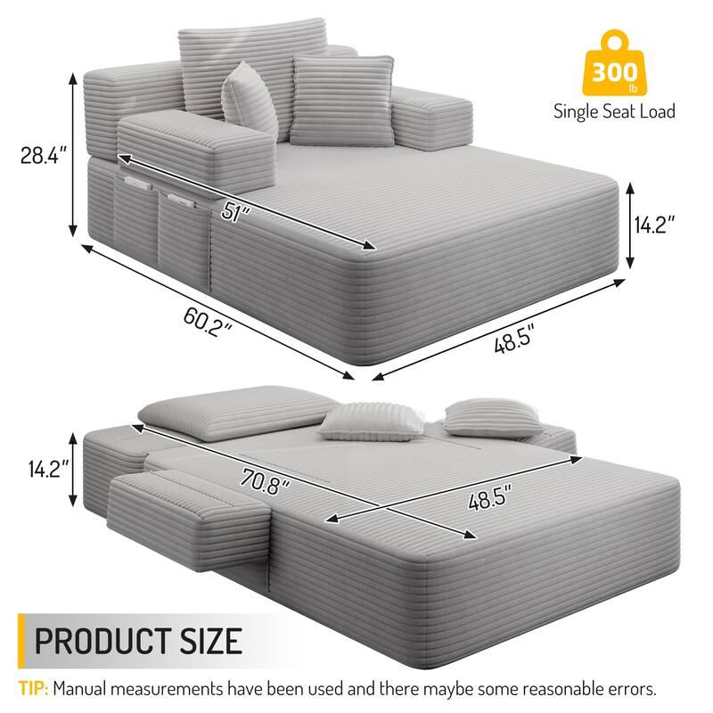 Luxurious Plush Corduroy Chaise Lounge Convertible Sofa Bed with Storage Pocket and Wide Armrests