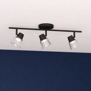 Dalton Black Semi Flush Mount Ceiling Track Fixture, 3-Adj Light Heads, Clear Glass Shade, Dimmable, Integrated LED