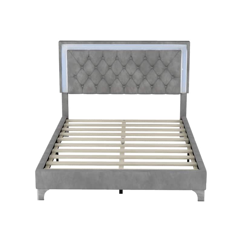 Modern Velvet Platform Bed with Tufted Headboard - Gray