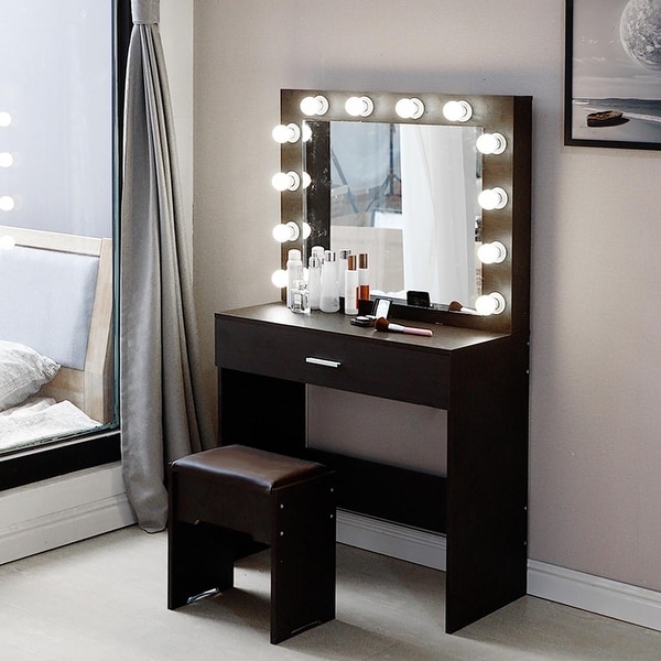 Vanity Set With Lighted Mirror Cushioned Stool Dressing Table