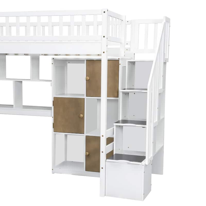 Wooden Loft Bed Twin Size High Loft Bed with Light, Cabinets and Storage Shelves, All-in-One Bed Frame with Staircase and Desk