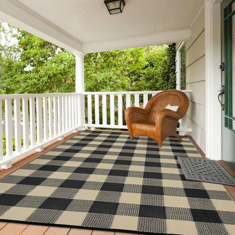 Outdoor Rug Waterproof Reversible Rug Indoor Outdoor Plaid Area Rug Plastic Straw Rug for Camping RV Backyard Patio - 9'x18' - Black/Coffee