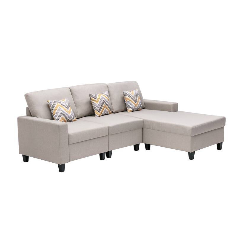 Linen Fabric 3 Piece Reversible Sectional Sofa Chaise with Pillows and Interchangeable Legs in Beige
