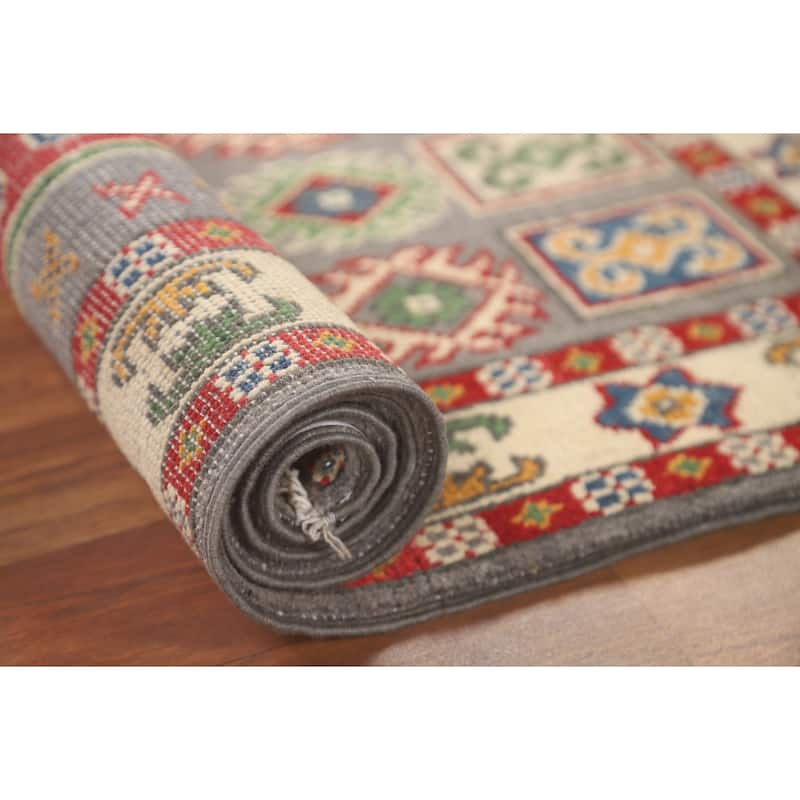 Geometric Grey Kazak Foyer Rug Handmade Wool Carpet - 2'7" x 4'2"