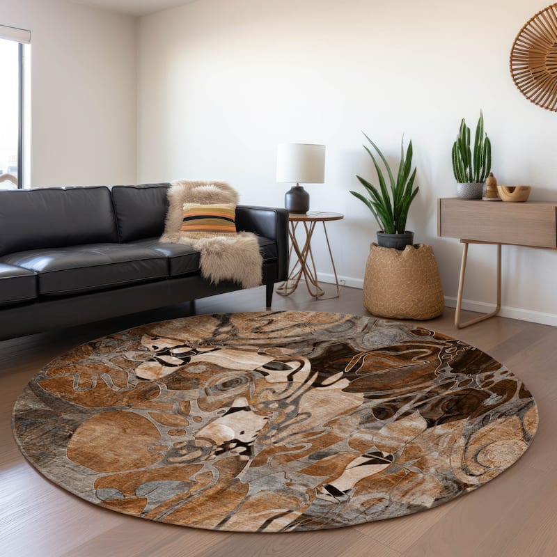 Premium Washable Super Soft Abstract Floral Mayfield Rug - Paprika - 8' x 8' - Round