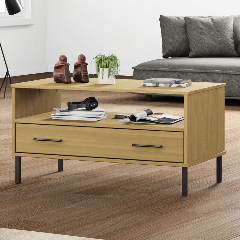 vidaXL Coffee Table Accent Side Sofa End Table with Metal Legs Solid Wood OSLO - 33.5" x 19.7" x 17.7"