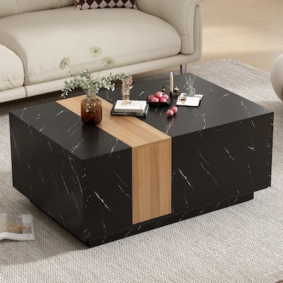 Rectangular Center Table Coffee Table with Faux Marble and 2 Storage Drawers