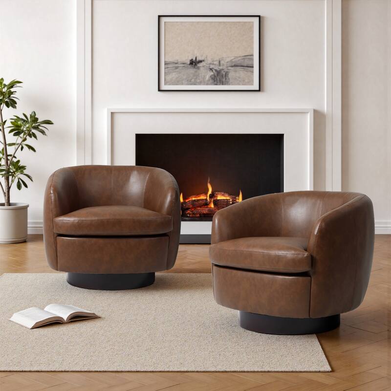 PU Upholstered Swivel Barrel Accent Chair With Wood Base (Set of 2) - Brown