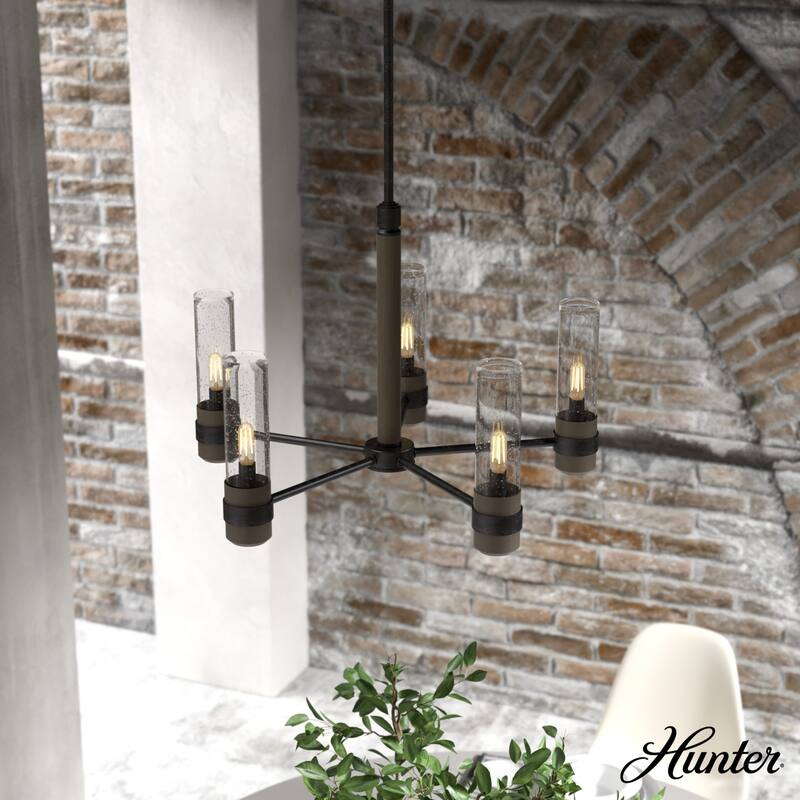 Hunter River Mill Chandelier - Dining Room, Entry - Modern Mountain, Rustic, Round, Industrial - 24" 5 Light - Rustic Iron-French Oak