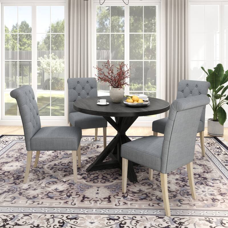 Button Tufted Upholstered Chairs, Black Gray Round Kitchen Table with Cross Pedestal, Practical Table and Chair Set