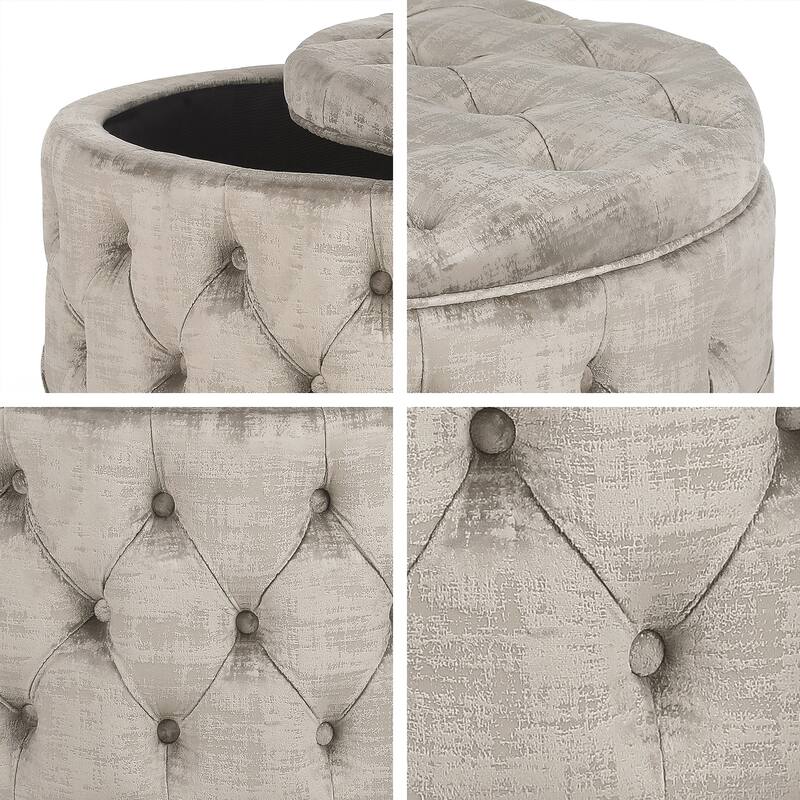 Adeco Round Storage Ottoman Button Tufted Footrest Stool Bench