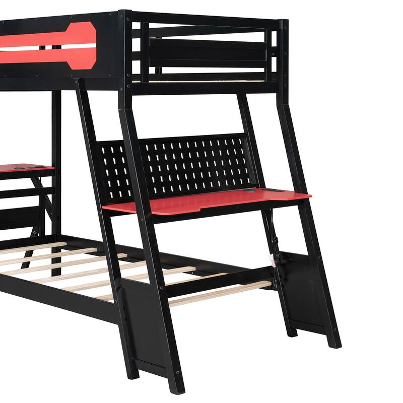 Gaming Bunk Bed Two Built-In Gaming Desks Each Side Loft Bed with USB Desktop Ports and Pegboard Organizer for Gaming Room Gamer