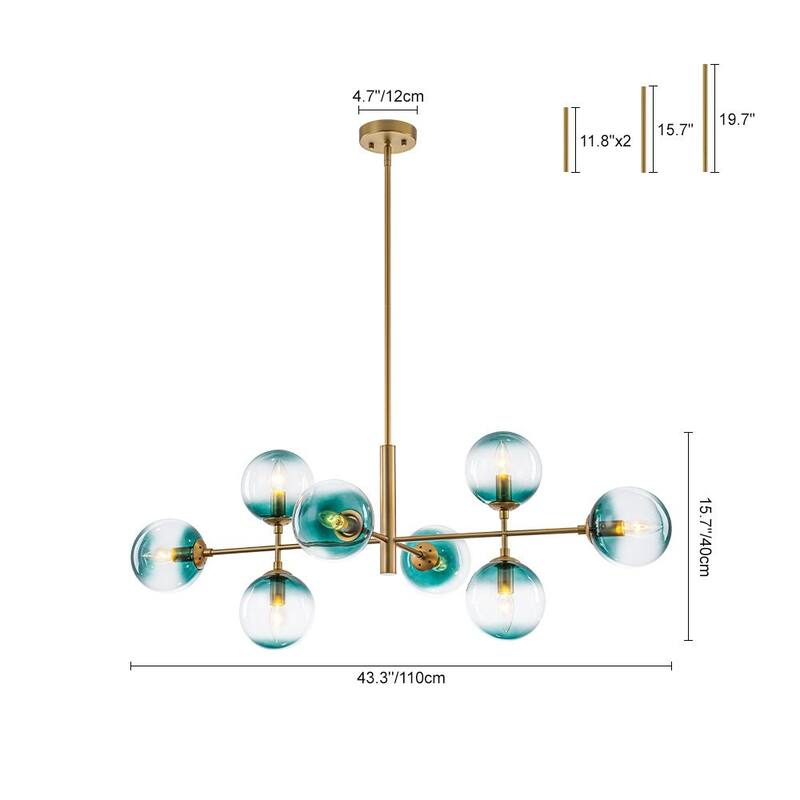 Modern 8-Light Gradient Blue Glass Bubble Linear Sputnik Chandelier
