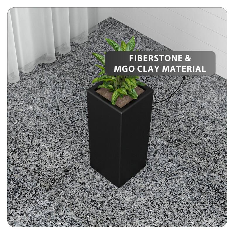 Terra Modern Tall Square in Fiberstone and MGO Clay Planter With Drainage Holes Durable Indoor Outdoor Decorative Plant Pot