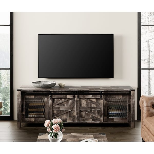 Modern Farmhouse TV Stand For TVs Up To 58, Media Console Table With Open Shelf Doors Entertainment Center In Gray Oak