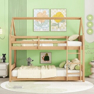 Twin Over Twin House Bunk Bed with Safety Guardrails & Ladder (250lb Capacity)