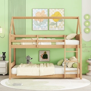 Twin Over Twin Low House Bunk Bed for Kids, Rubber Wood Floor Bed Frame with Guardrails, Ladder & Headboards for Bedroom
