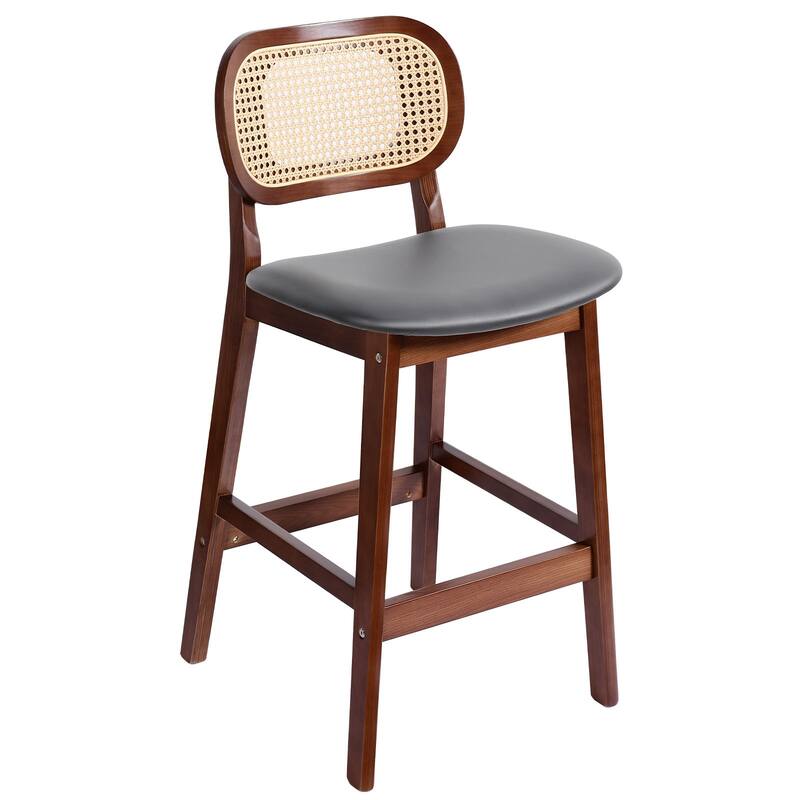 Wood Upholstered Counter Height Bar Stools with Rattan Back - 36.81"H x 17.72"W x 18.7"D - Single - Grey Faux Leather/ Brown Frame