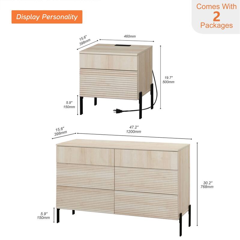 WAMPAT 2 Pcs Bedroom Set, 6 Drawer Dresser And Nightstand Set For Bedroom,Hidden Handles, Reed Pattern & Double Chopsticks Legs