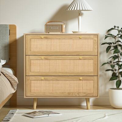 Anmytek 3-Drawer Chest of Drawers with Pine Wood Legs Farmhouse Rattan Dresser Natural Oak Cabinet 31.5 in W. x 35.4 in H.