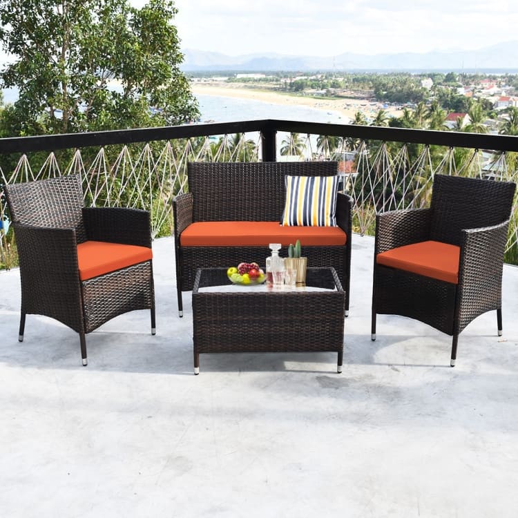 Rattan Patio Conversation Furniture Set with Glass Table and Comfortable Sofa - 4 Pcs