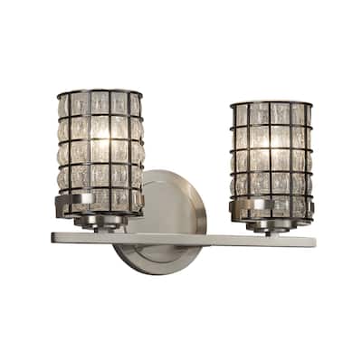 Justice Design Wire Glass Atlas 2-light Brushed Nickel Bath Bar, Grid with Clear Bubbles Cylinder - Flat Rim Shade - Silver