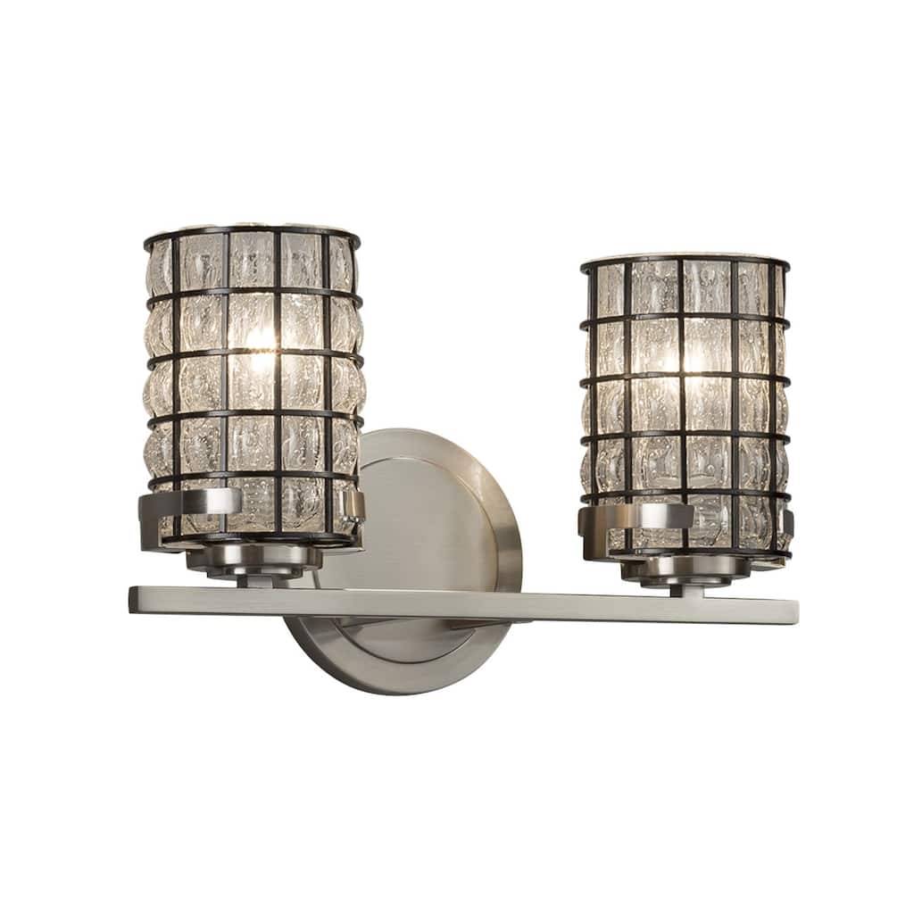Justice Design Wire Glass Atlas 2-light Brushed Nickel Bath Bar, Grid with Clear Bubbles Cylinder - Flat Rim Shade - Silver