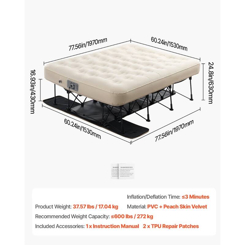 Inflatable Air Mattress with Frame and Pump for Camping or Guest Use