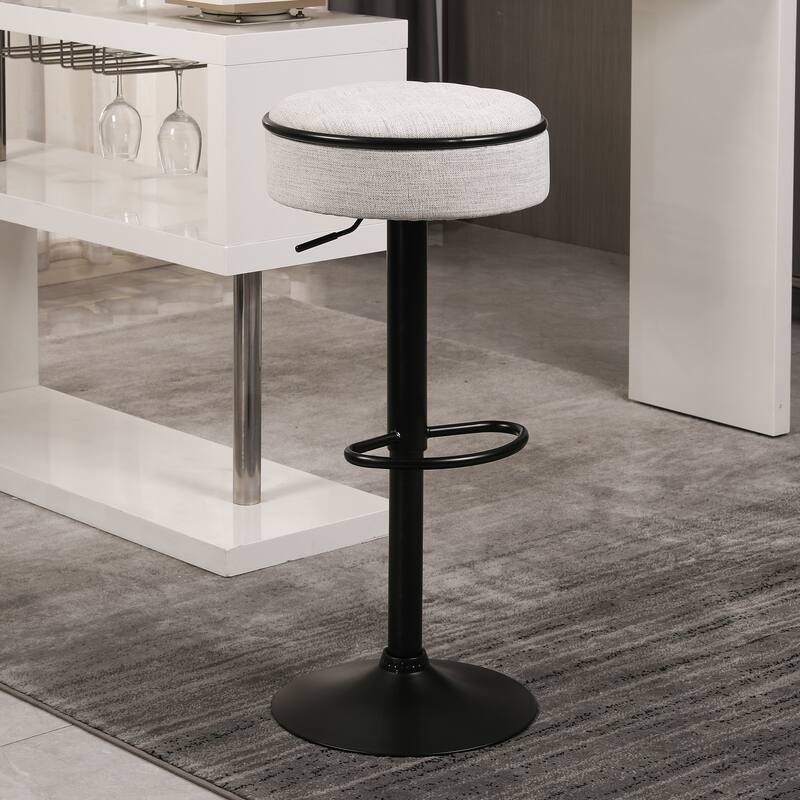 Round Linen Fabric Bar Stools Set of 2, Height Adjustable/360°Counter Height Swivel Stool