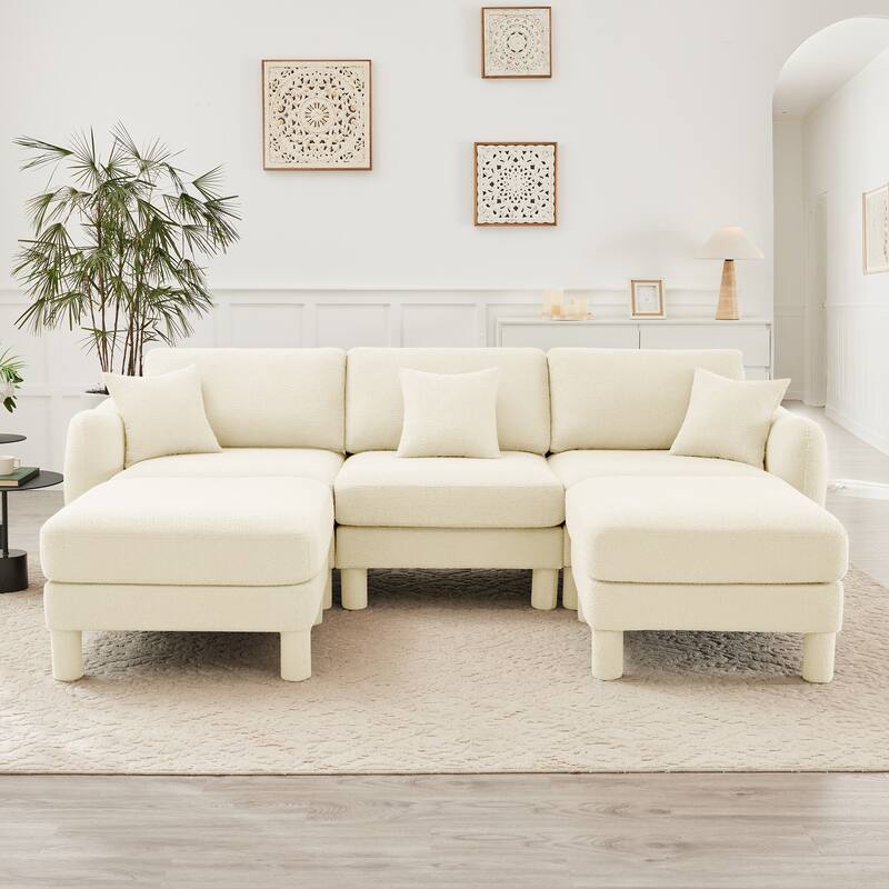 109.4" 3-Seater Modern Upholstered Sofa Couch, Deep-Seat Sectional Sofa with Shell-Shaped Armrests, Leisure Sofa for Living Room - Beige- 3-Seater-2 Ottoman