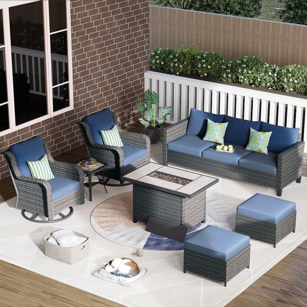 OVIOS 7-Piece Patio Swivel Chair Set with 42" Fire Table