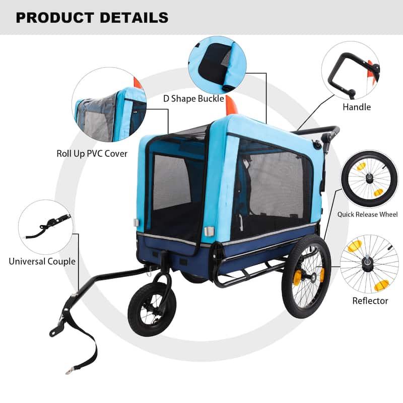 2-in-1 Bike Trailer & Push Cart for Pets, Detachable Bike Hitch & Push Handle Included, Non-Slip Floor, Holds Pets Up to 88 lbs