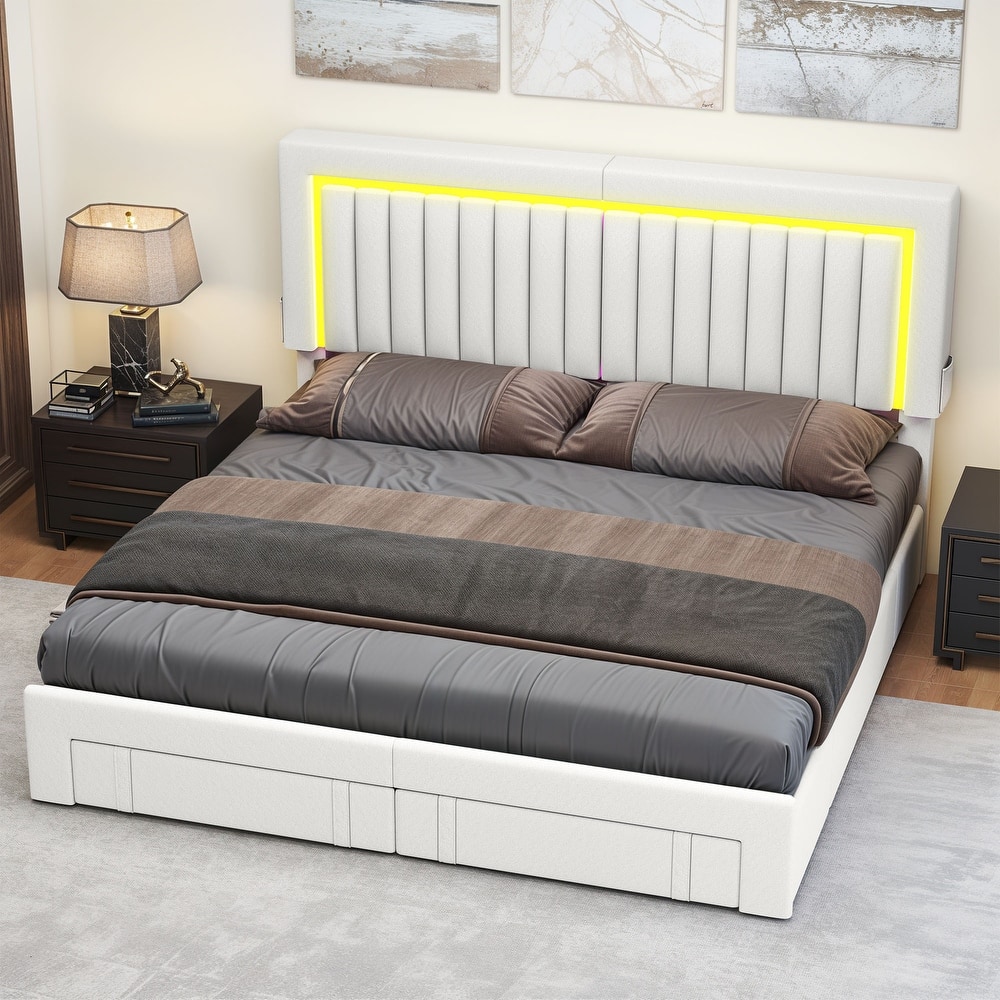 Moasis Velvet Upholstered Platform Bed, Bed Frame with Adjustable Headboard and 4 Storage Drawers
