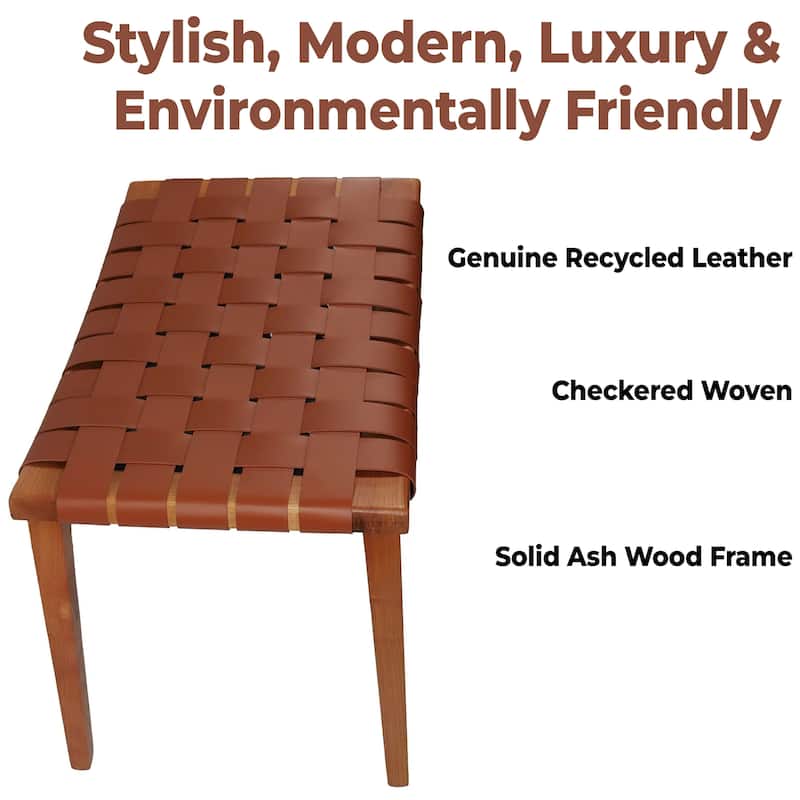 Cognac Leather and Wood Stool Modern Ottoman Foot Rest Seat for Home