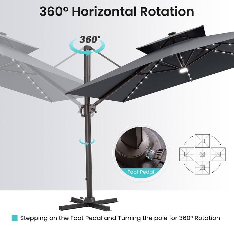 11 FT Square Outdoor Premium Double Top Solar Powered LED Patio Cantilever Umbrella