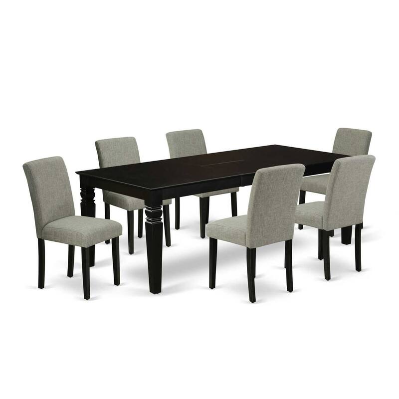 Rectangle Kitchen Dining Table Set - 7Pc Table & Chair Set with Butterfly Leaf, Linen Fabric, Black Legs