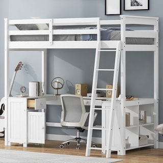 White Twin Size Solid Wood Loft Bed with Desk, Blackboard & Drawers