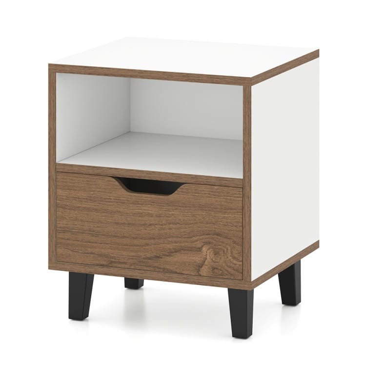 Natural and White Nightstand with 3 Tier Storage Metal Legs and Color-Blocked Design