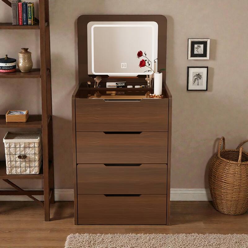 3-in-1 Vanity Desk with Flip-Top Lighted Mirror, Glass Desktop Makeup Table with 3 Drawers for Bedroom