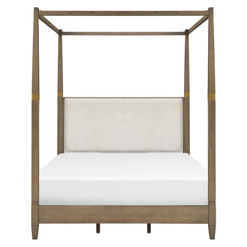Roomfitters Modern Queen Canopy Bed Frame, Brown Solid Wood with Upholstered Headboard and Gold Metal Accents for Bedroom