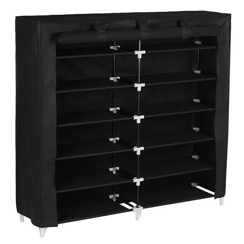 7 Tiers Portable Shoe Rack Closet Fabric Cover Shoe Storage Organizer Cabinet,Black - Black