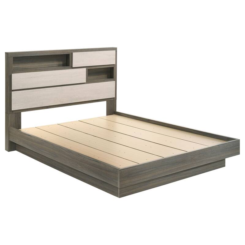 Fene Queen Size Bed, Bookcase Headboard, Wood Gray, Hidden Storage