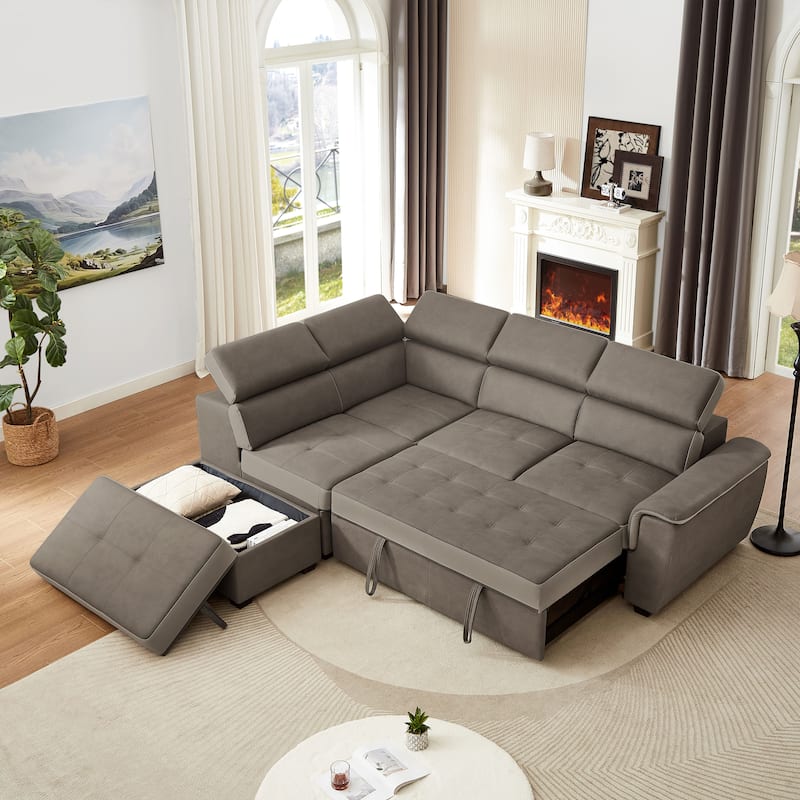 L Shaped Sectional Sofa with Pull Out Bed and Storage Compartment