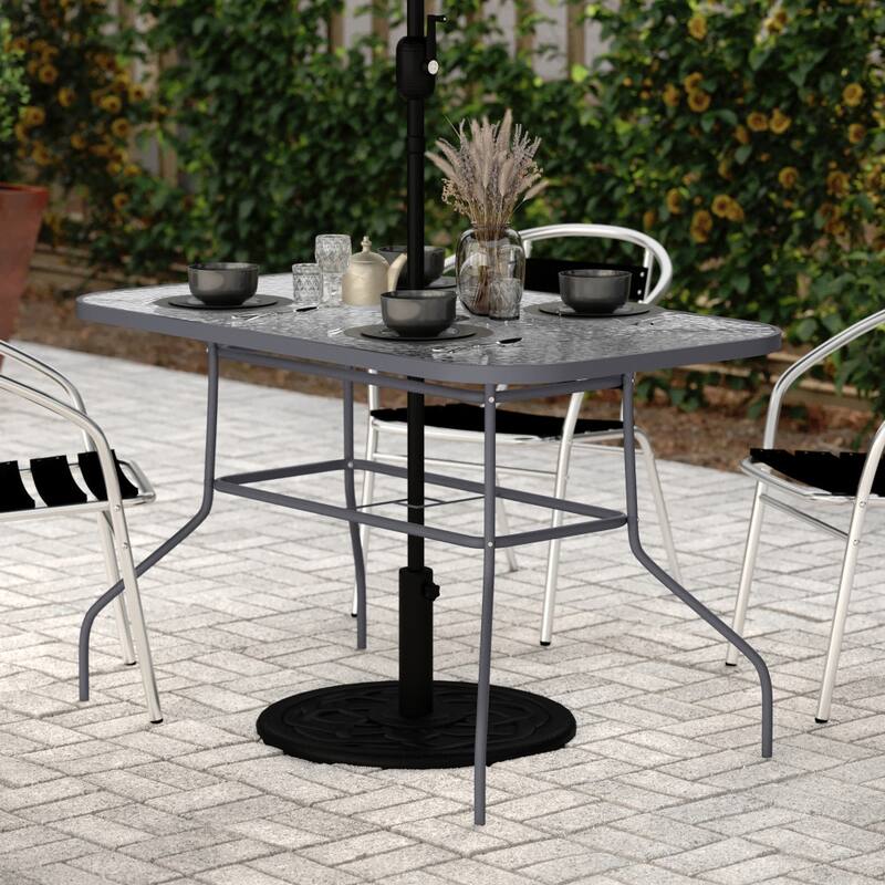 Commercial Tempered Glass and Steel Patio Table with Umbrella Hole - N/A - Clear Top/Silver Frame