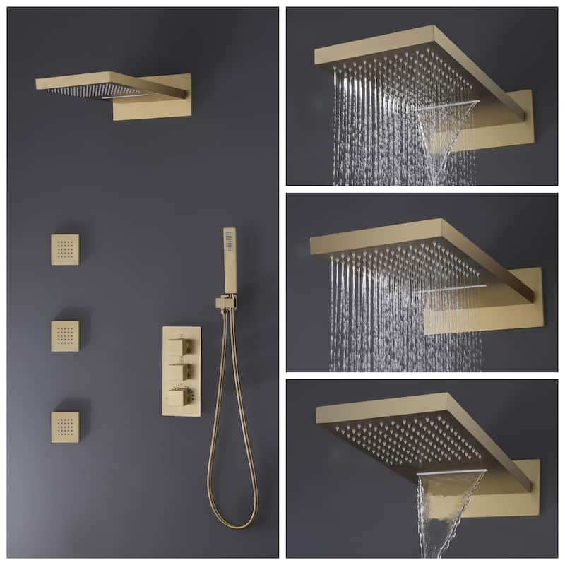 High-pressure Square Thermostatic Rainfall Shower System with HandheldShower & 3 Massaging Jets