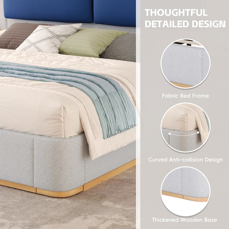 Roomfitters Queen Size Upholstered Platform Bed Frame, Modern Panel Headboard with Rounded Corners, Solid Wood Slats