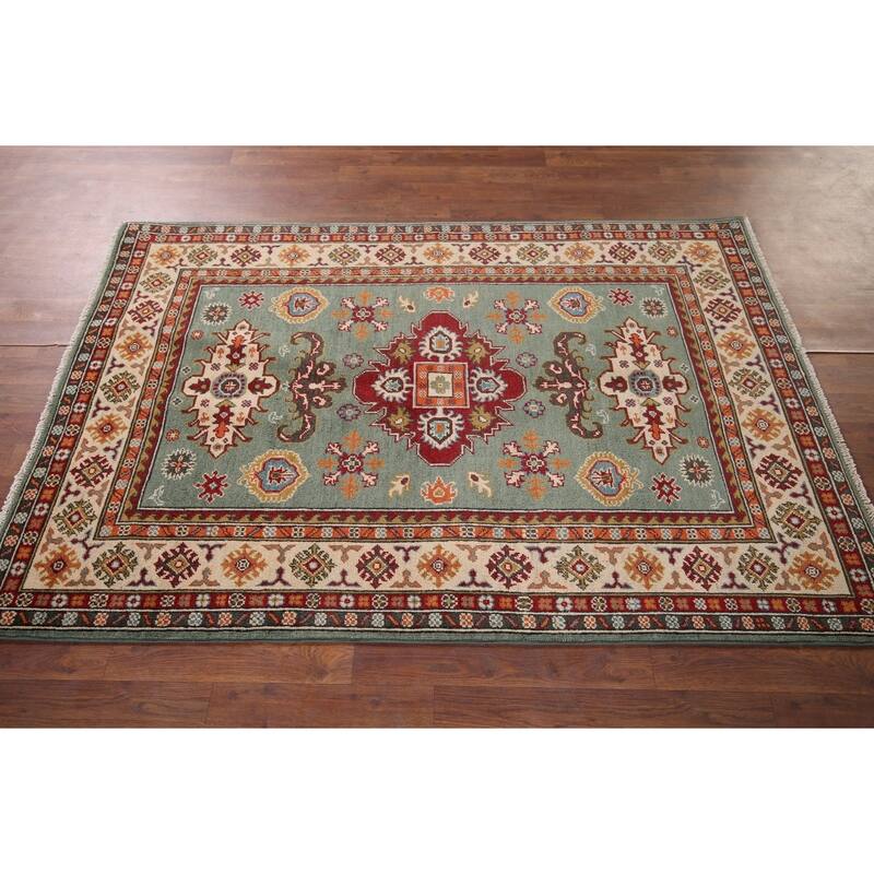 Hand Knotted Oriental 100% Wool Carpet Traditional Geometric Green Kazak Area Rug - 5' 10'' X 3' 11''